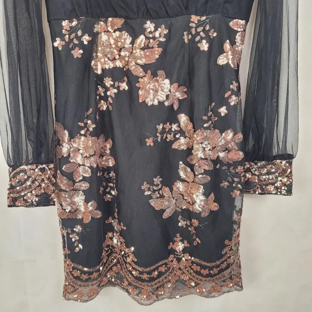 Shein black and gold floral sequined sheer sleeve dress Size medium Fairy Glam